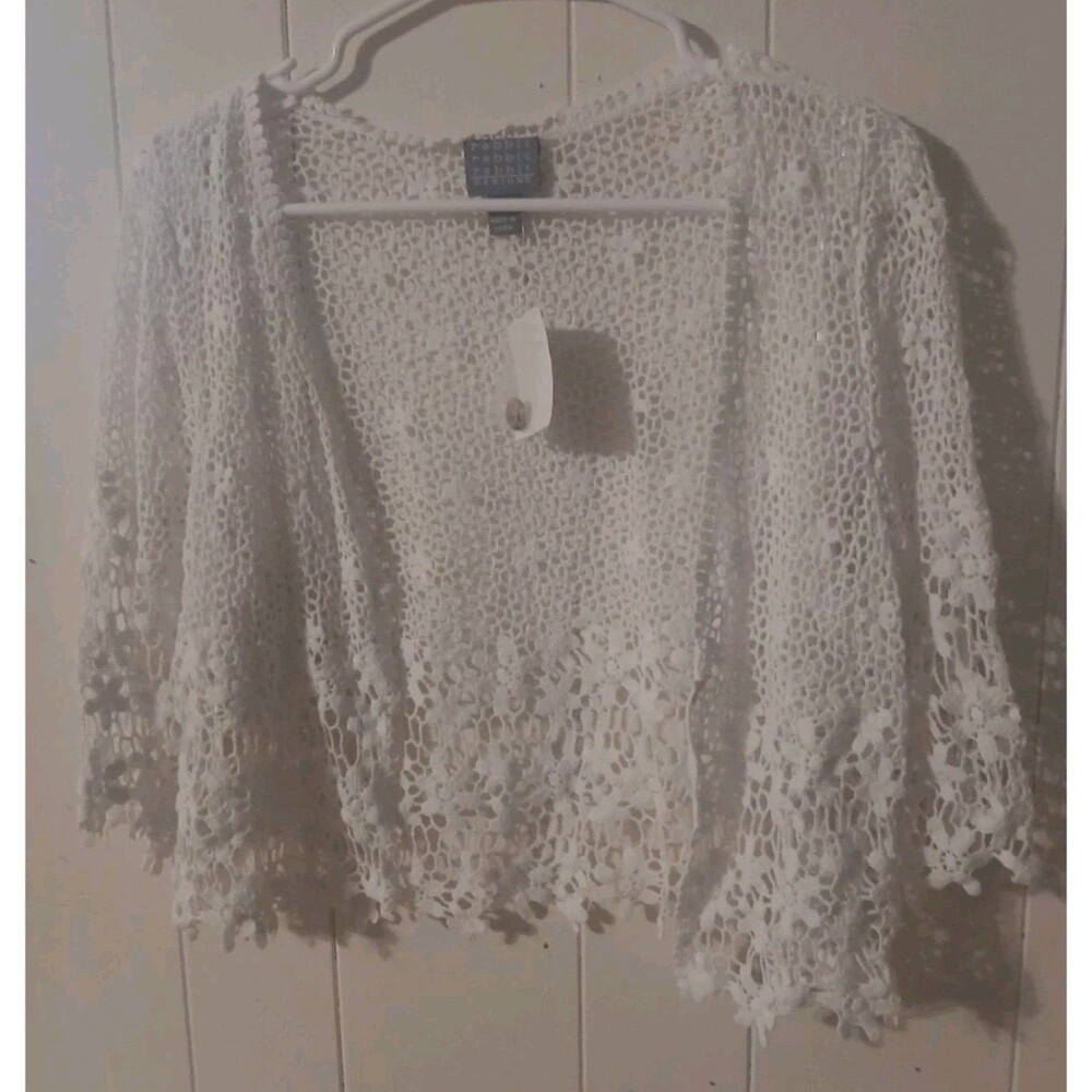 Rabbit Rabbit Rabbit Designs White Crochet Shrug Size Small Floral Cottage Boho